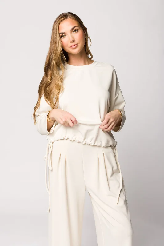 Marilyn Long Sleeve Tie Top and Pleated Sweatpants Set in Ivory