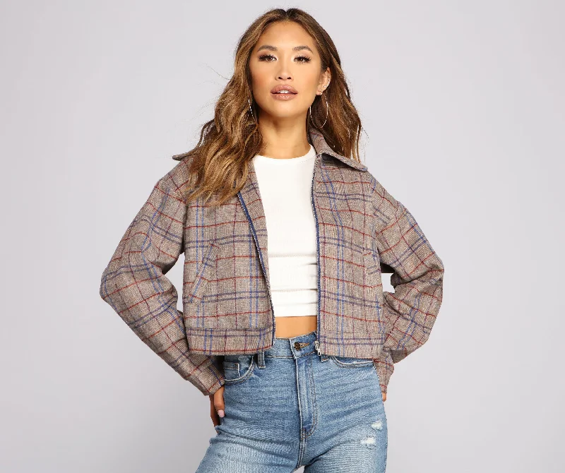 Perf Look In Plaid Oversized Cropped Jacket