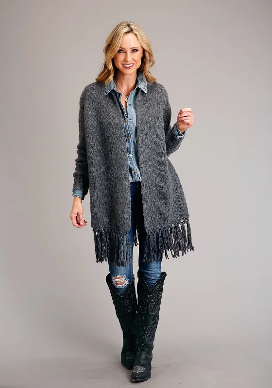 Stetson Womens Heather Fringe Grey Wool Blend Cardigan Sweater