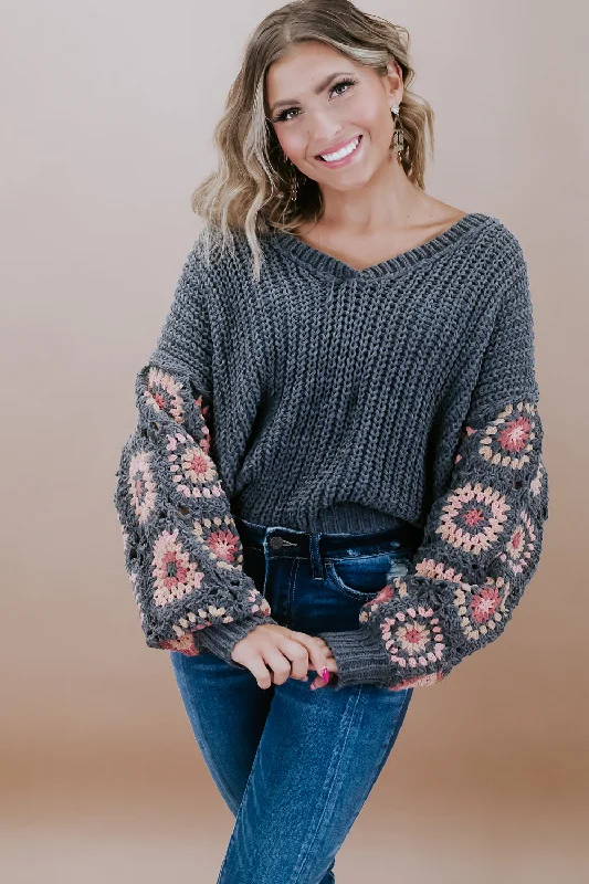 Chenille V-Neck Sweater, Charcoal