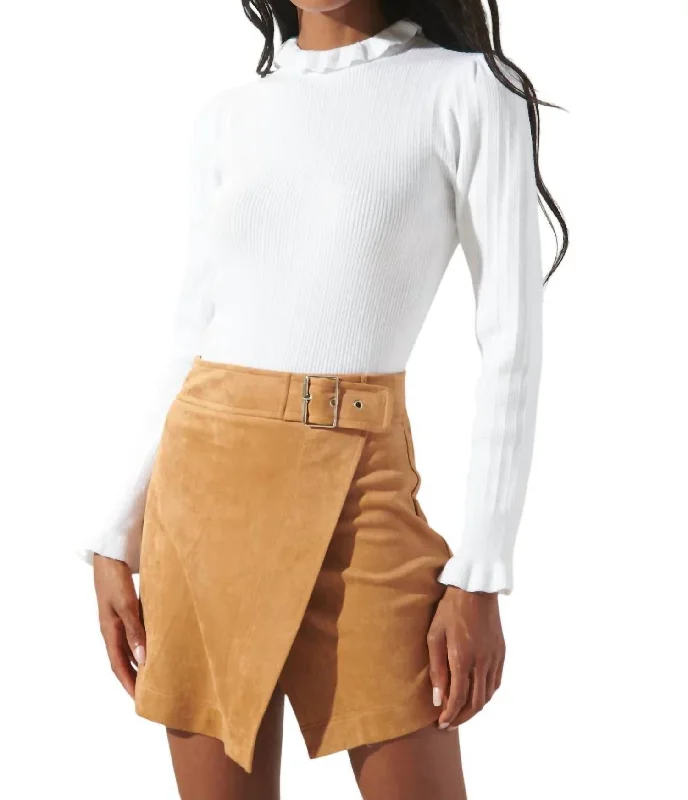 Joeylyn Ribbed Ruffle Sweater Top In White