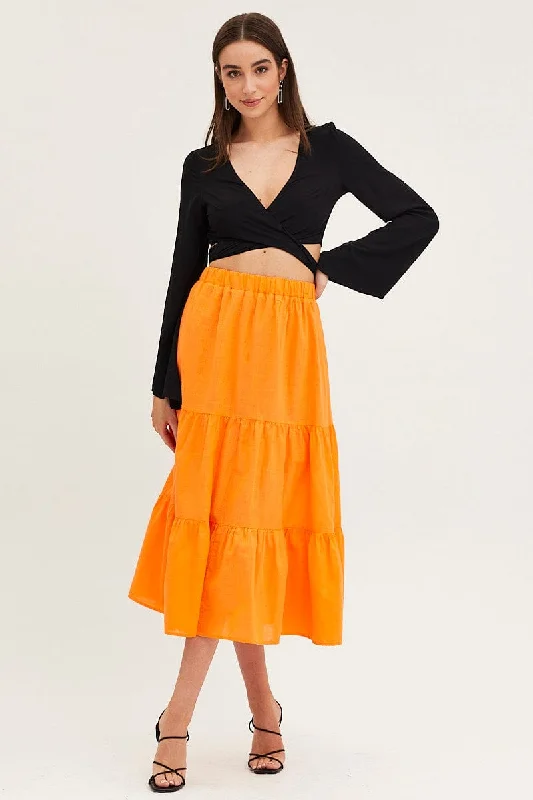 Orange Midi Skirt High Rise