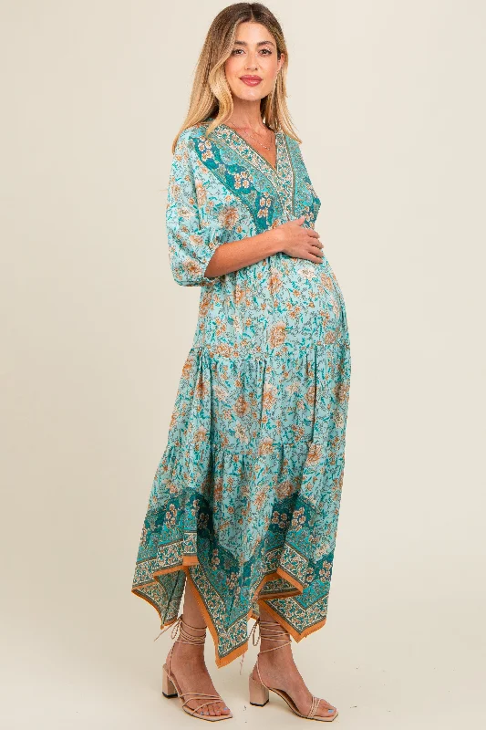 Aqua Floral Border Print V-Neck Tiered Maternity Midi Dress