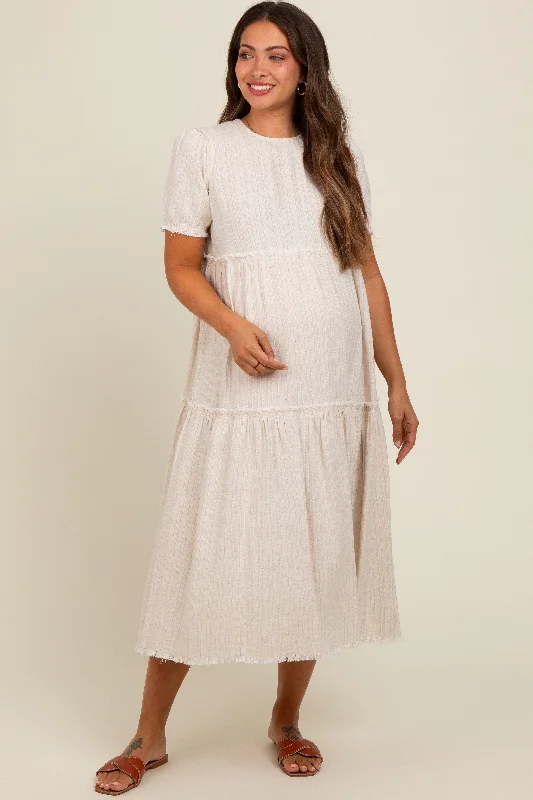 Beige Striped Fringe Accent Tiered Maternity Maxi Dress