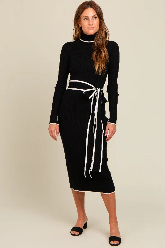 Black Contrast Trim Turtleneck Sweater Dress