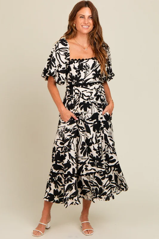 Black Floral Scallop Trim Midi Dress