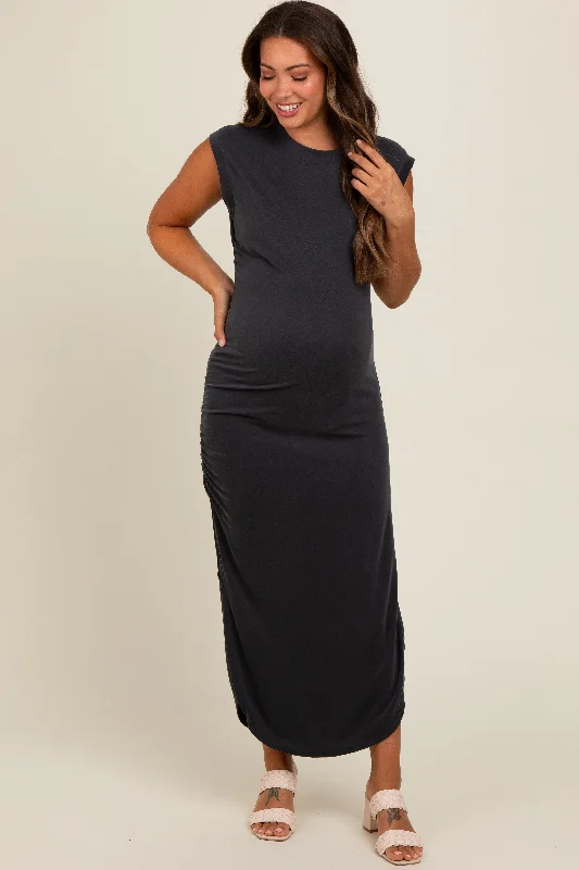 Black Ruched Side Slit Maternity Midi Dress