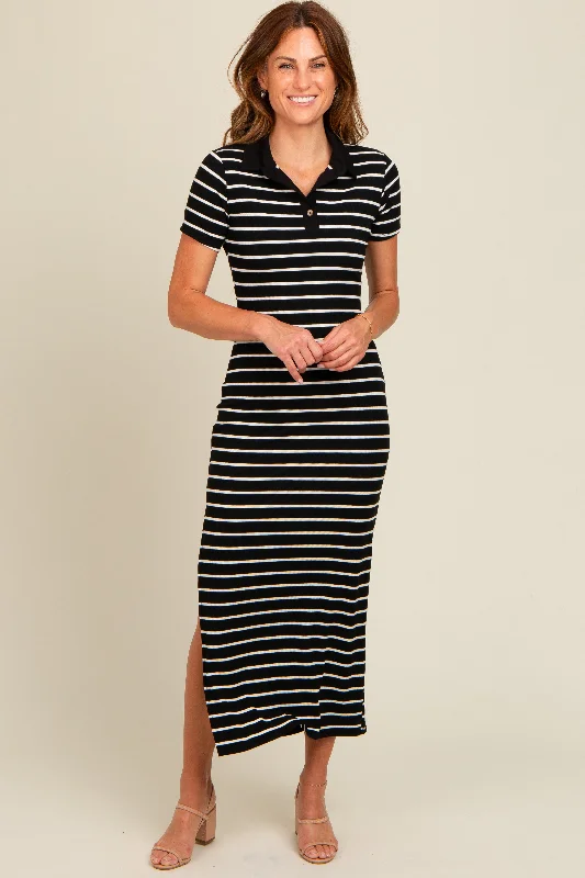 Black Striped Collared Side Slit Maxi Dress