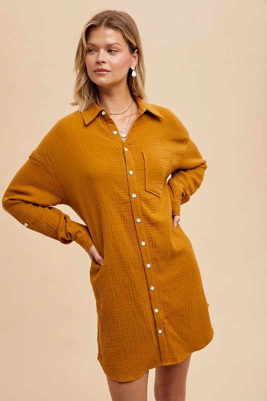 Camel Rolled Cuff Button Down Dress