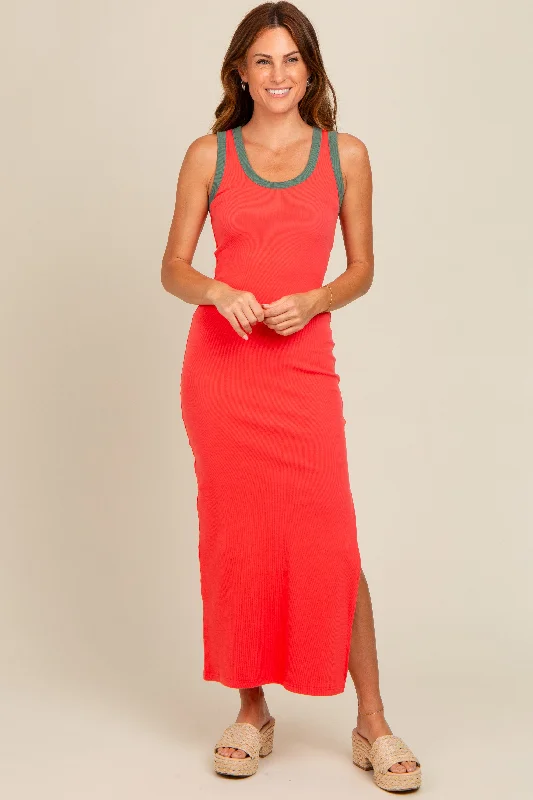 Coral Colorblock Side Slit Maxi Dress