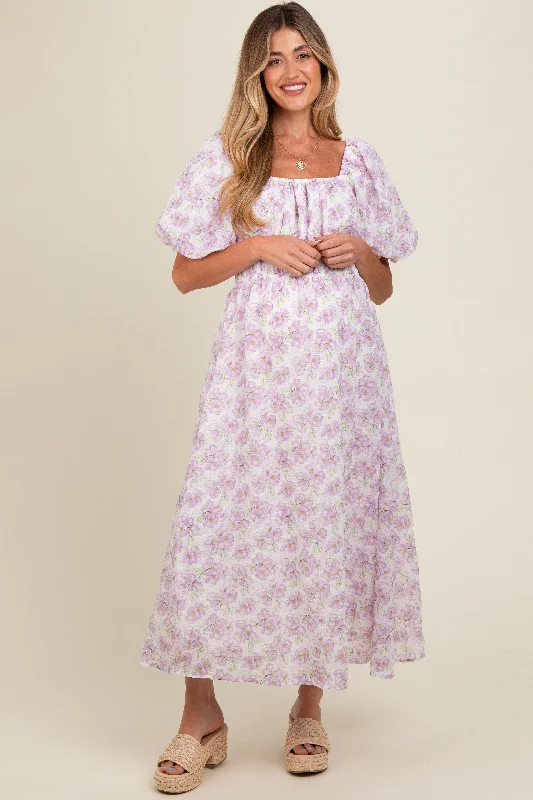 Lavender Floral Puff Sleeve Maternity Midi Dress