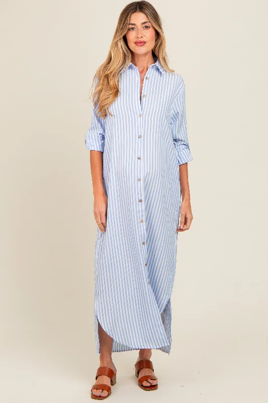 Light Blue Striped Button Down Maternity Maxi Dress