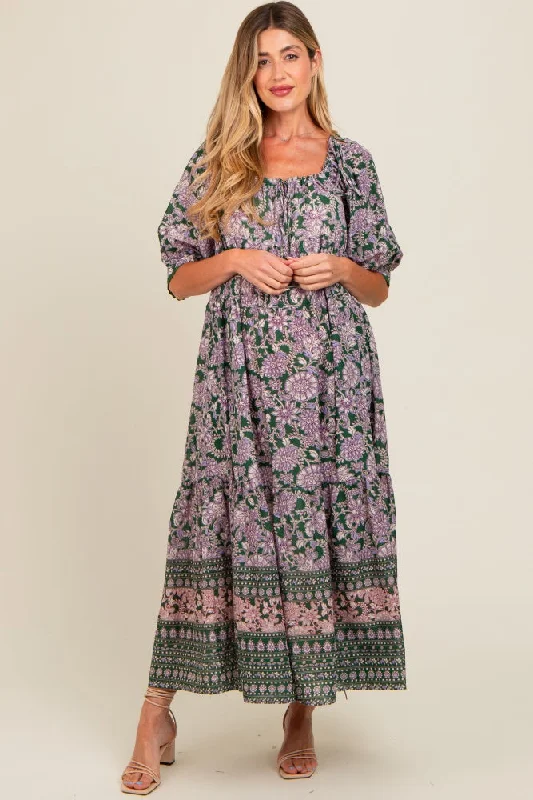 Olive Floral Paisley Cinched Neckline Maternity Maxi Dress