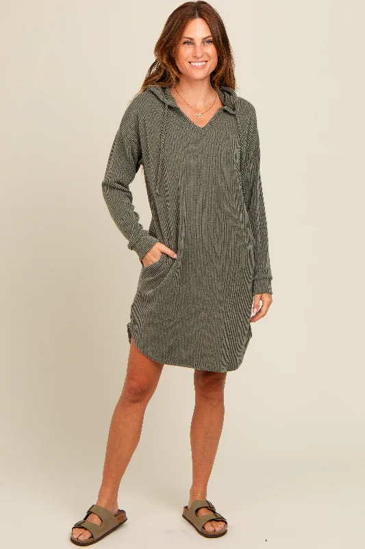 Olive Ribbed Hoodie Dress