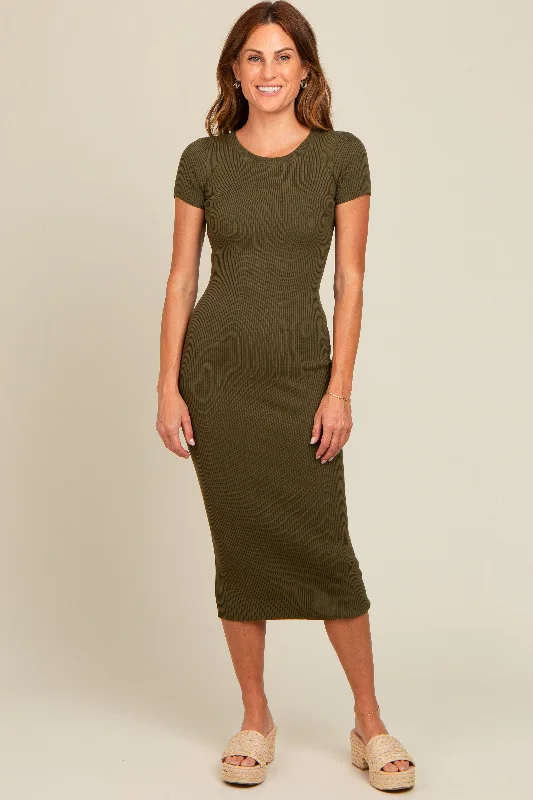 Olive Short Sleeve Rib Knit Midi Dress