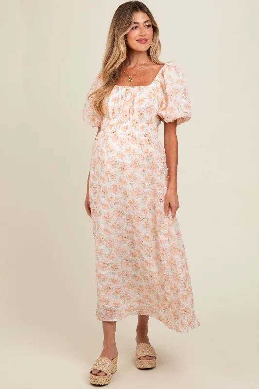 Peach Floral Puff Sleeve Maternity Midi Dress