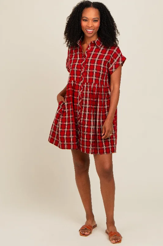 Red Plaid Rolled Cuff Sleeve Button Down Dress