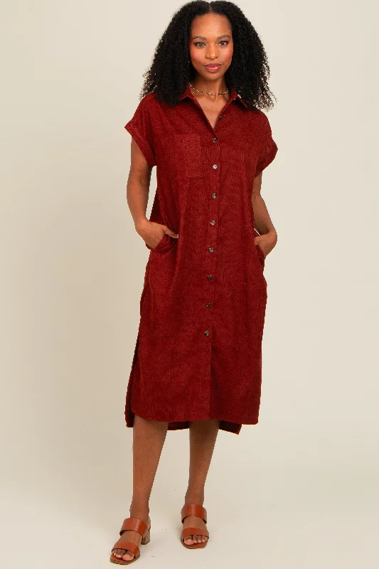 Rust Corduroy Button Down Midi Dress