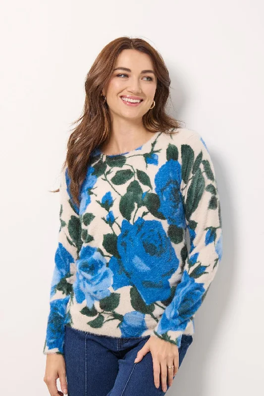 MF-554 Rose Print Fluffy Jumper- BLUE