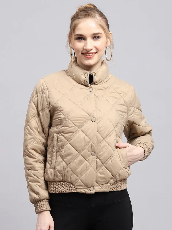 Women Beige Solid Mock Neck Full Sleeve Jacket