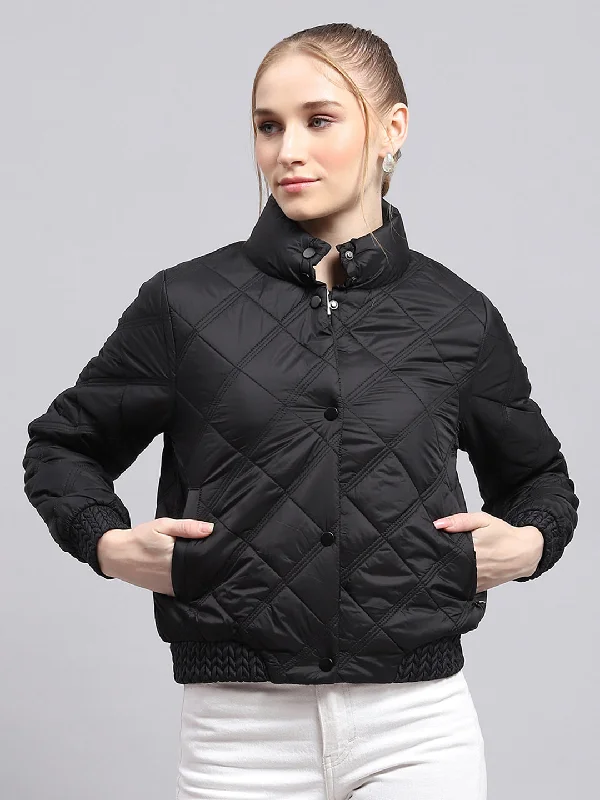 Women Black Solid Mock Neck Full Sleeve Jacket