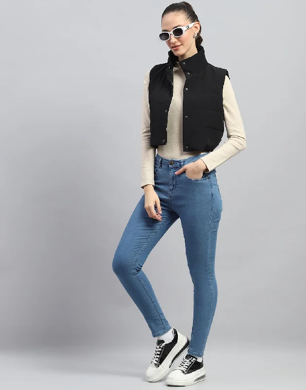 Women Black Solid Mock Neck Sleeveless Jacket