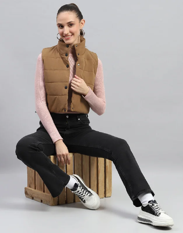 Women Brown Solid Mock Neck Sleeveless Jacket