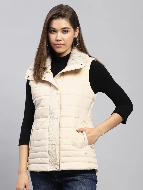 Women Cream Solid Collar Sleeveless Jacket