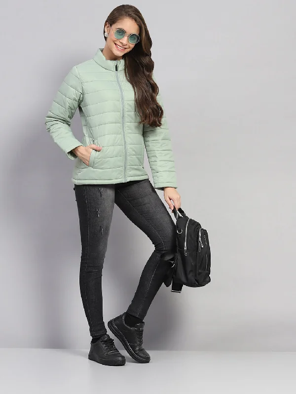 Women Green Solid Mock Neck Full Sleeve Jacket