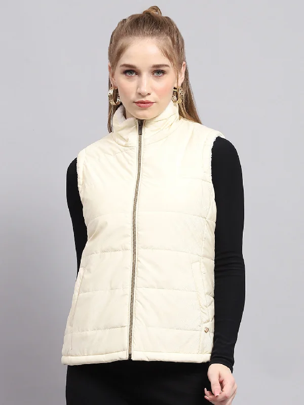 Women Off White Solid Mock Neck Sleeveless Jacket