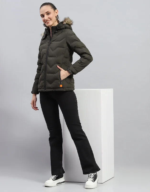 Women Olive Solid Hooded Full Sleeve Jacket