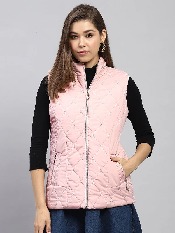 Women Pink Embroidered Mock Neck Sleeveless Jacket