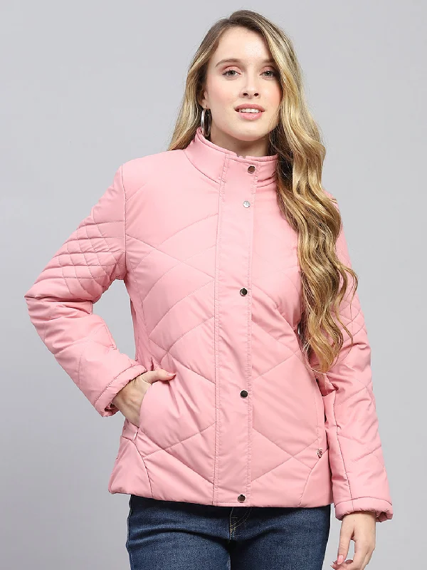 Women Pink Solid Mock Neck Full Sleeve Jacket