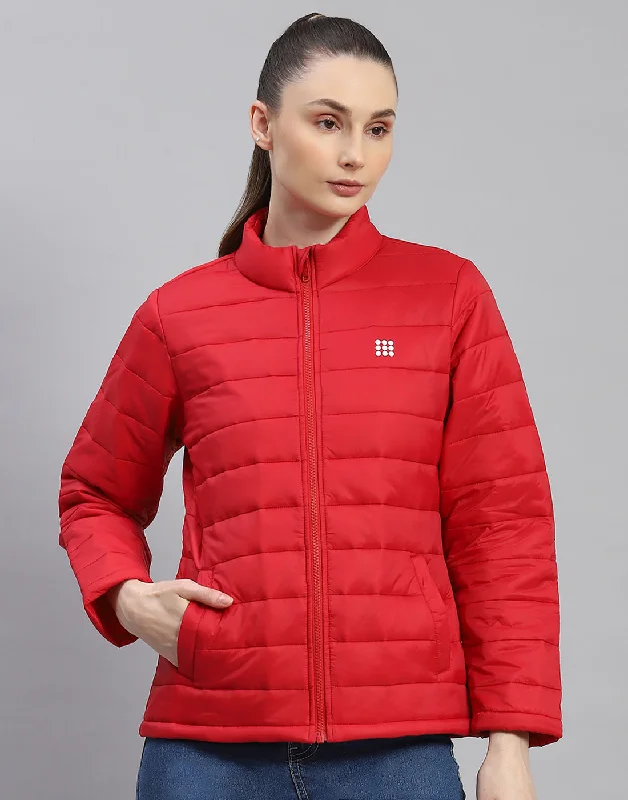 Women Red Solid Stand Collar Full Sleeve Jacket