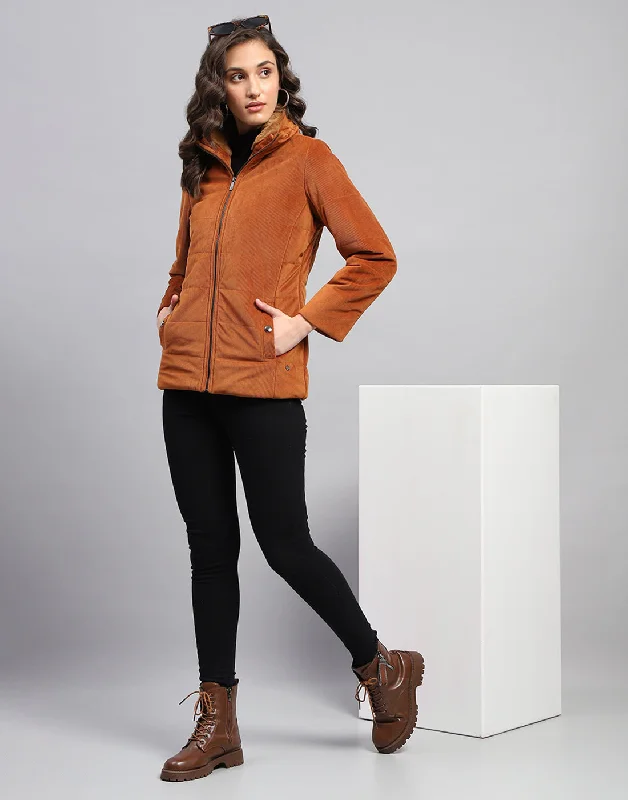 Women Rust Solid High Neck Full Sleeve Jacket